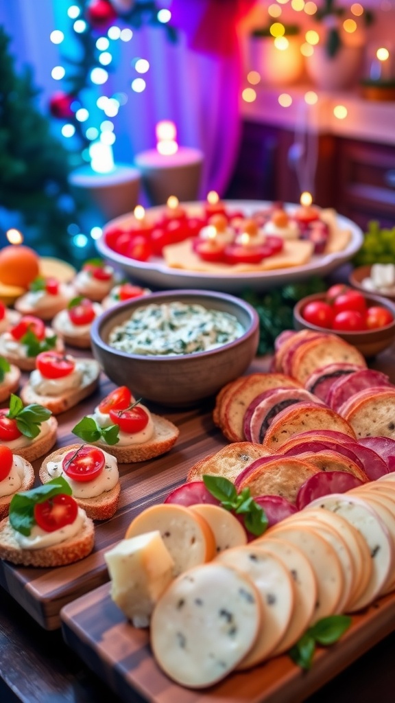 A table filled with assorted party appetizers including bruschetta, dips, and charcuterie, set in a festive environment.